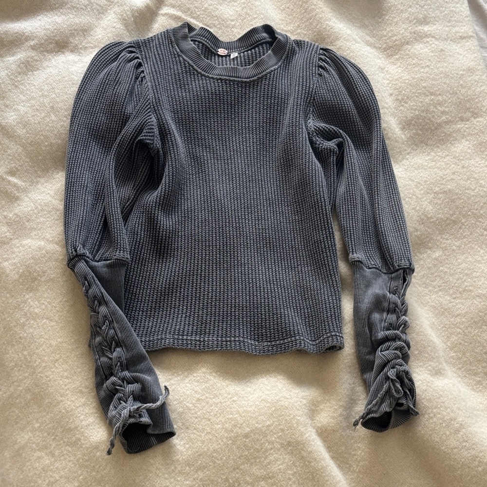 Gray Long Sleeve Top with Lace-Up Details